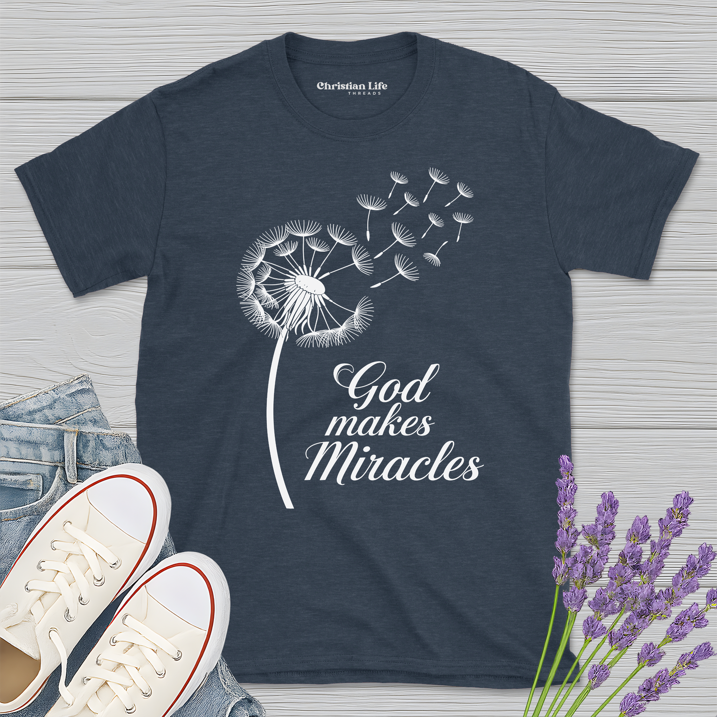 God Makes Miracles Dandelion Heather Tee