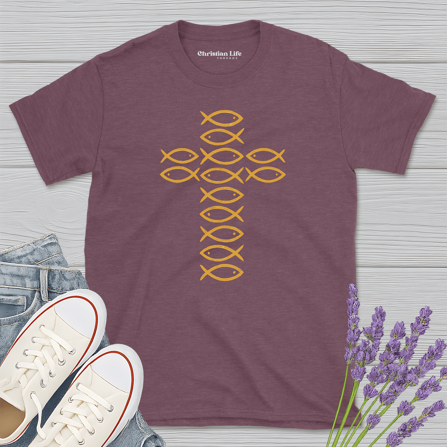 Ichthys Fish Cross Heather Tee - Christian Apparel | Christian Life Threads