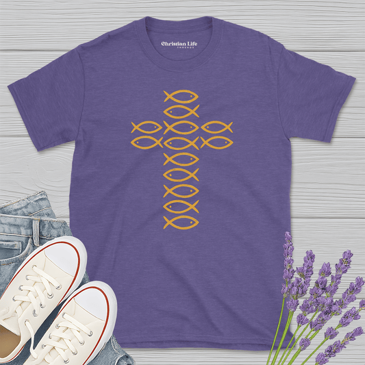 Ichthys Fish Cross Heather Tee - Christian Apparel | Christian Life Threads