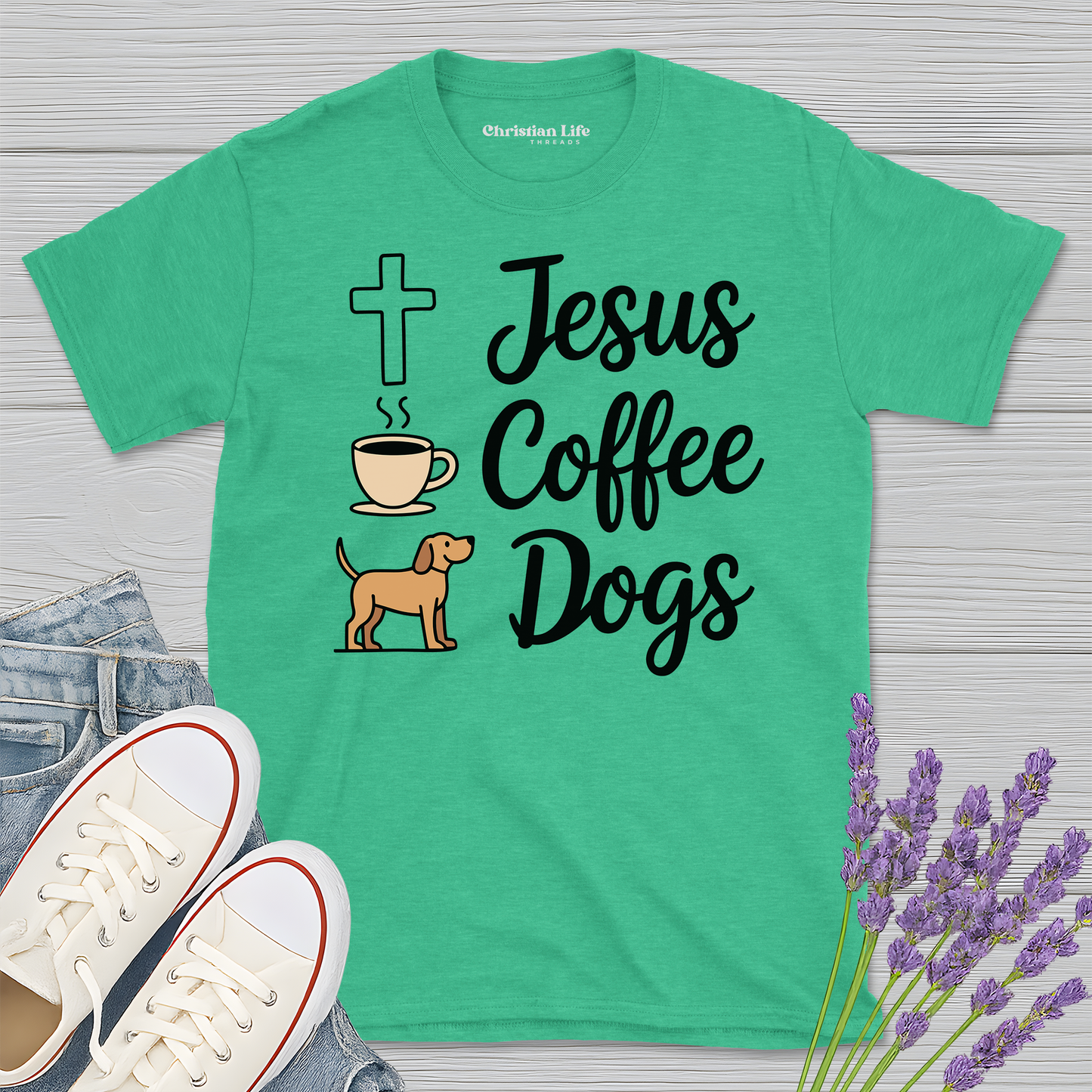 Jesus Coffee Dogs Heather Tee