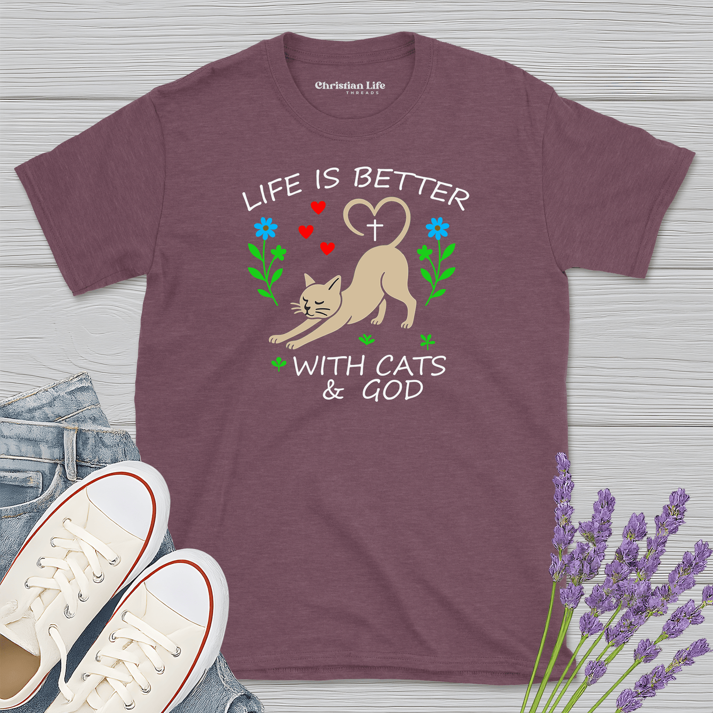 Life Is Better With Cats & God Heather Tee - Christian Apparel | Christian Life Threads