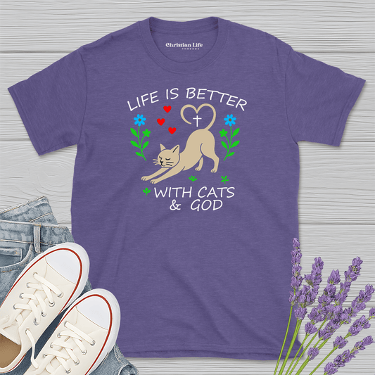 Life Is Better With Cats & God Heather Tee - Christian Apparel | Christian Life Threads