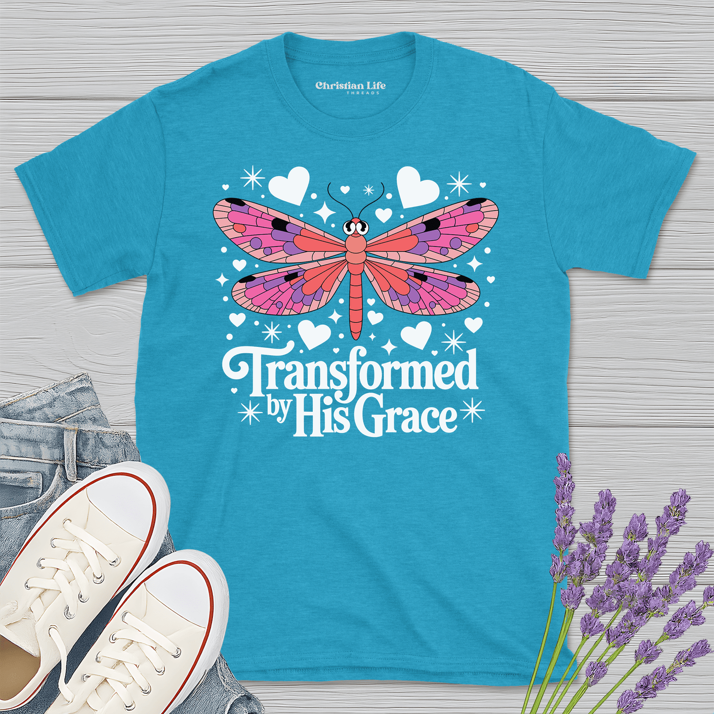 Transformed By His Grace Dragonfly Heather Tee - Christian Apparel | Christian Life Threads