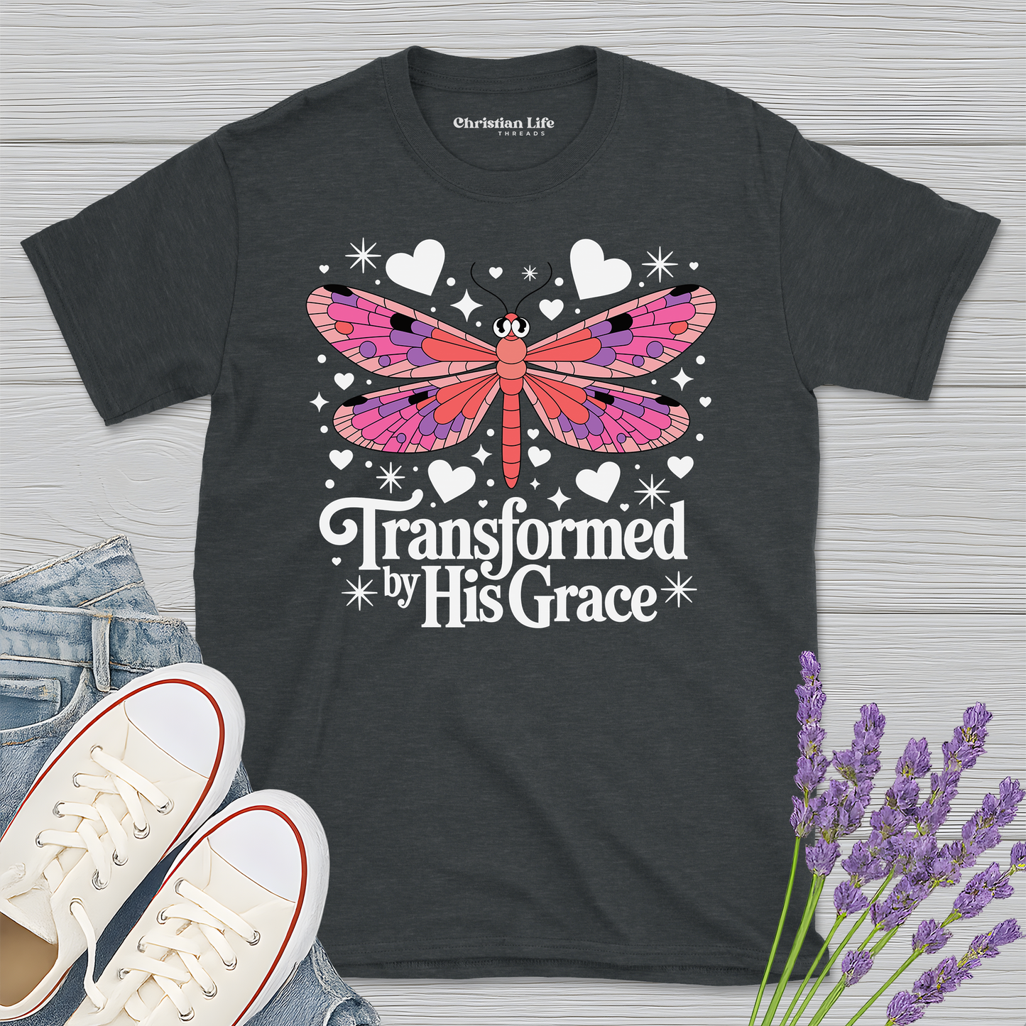 Transformed By His Grace Dragonfly Heather Tee