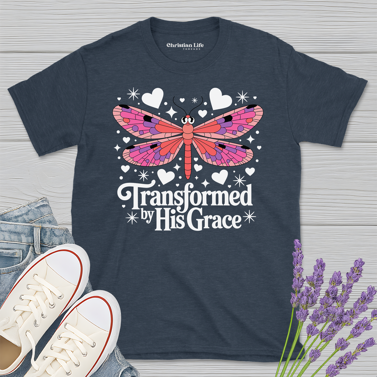 Transformed By His Grace Dragonfly Heather Tee