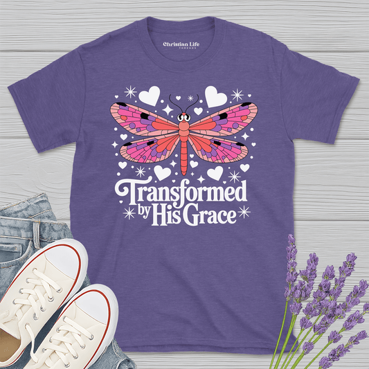 Transformed By His Grace Dragonfly Heather Tee - Christian Apparel | Christian Life Threads