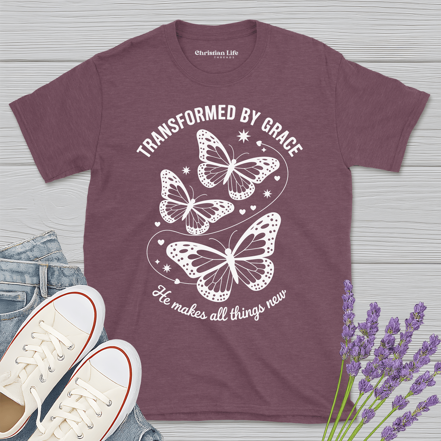 Transformed By Grace Butterfly Heather Tee - Christian Apparel | Christian Life Threads