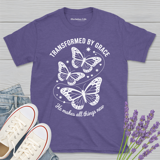 Transformed By Grace Butterfly Heather Tee