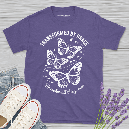 Transformed By Grace Butterfly Heather Tee - Christian Apparel | Christian Life Threads