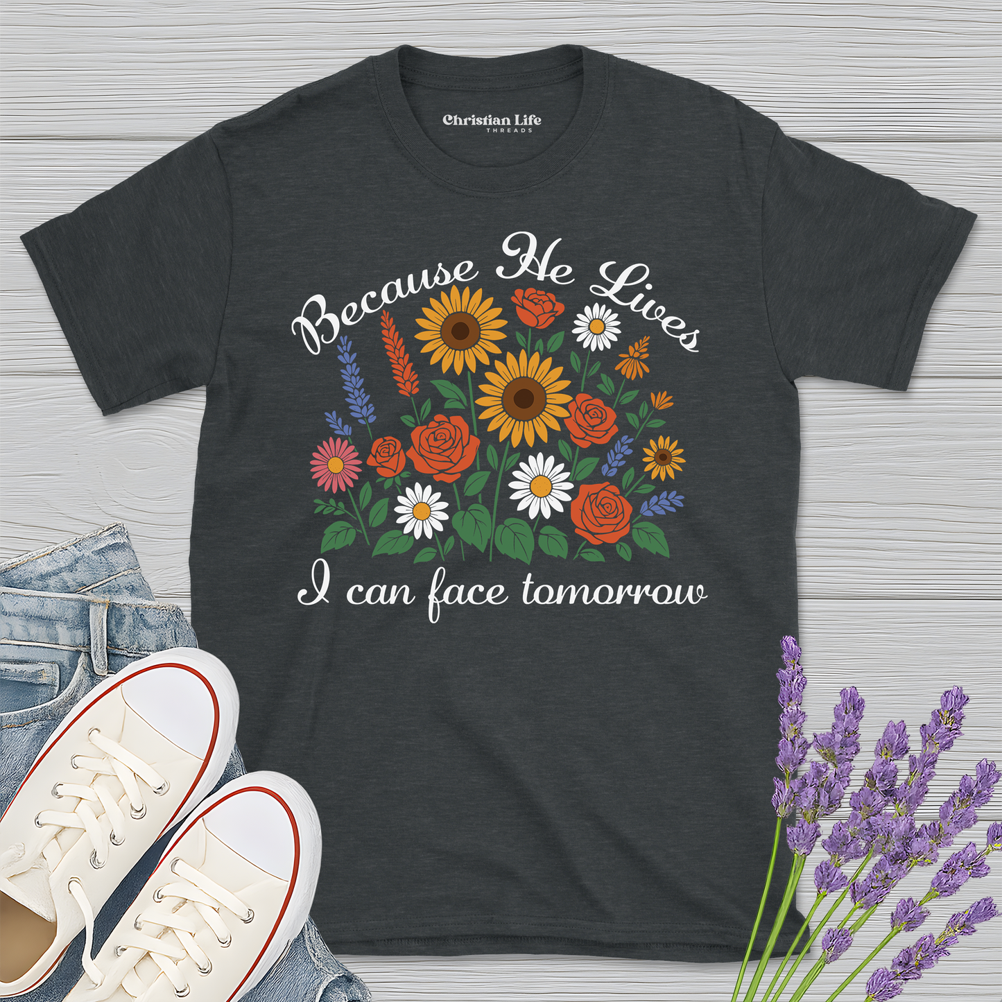 Because He Lives Boquet Heather Tee