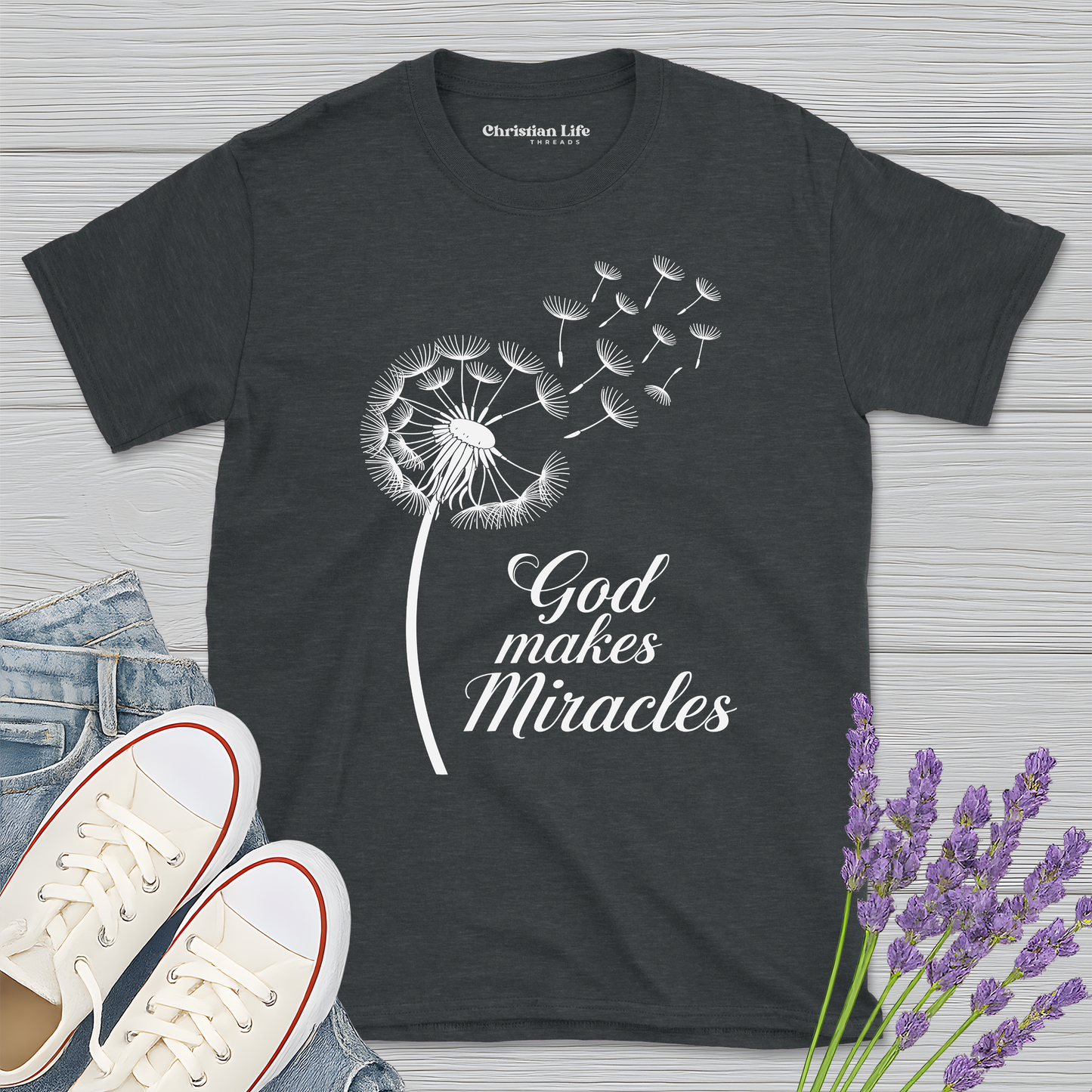 God Makes Miracles Dandelion Heather Tee