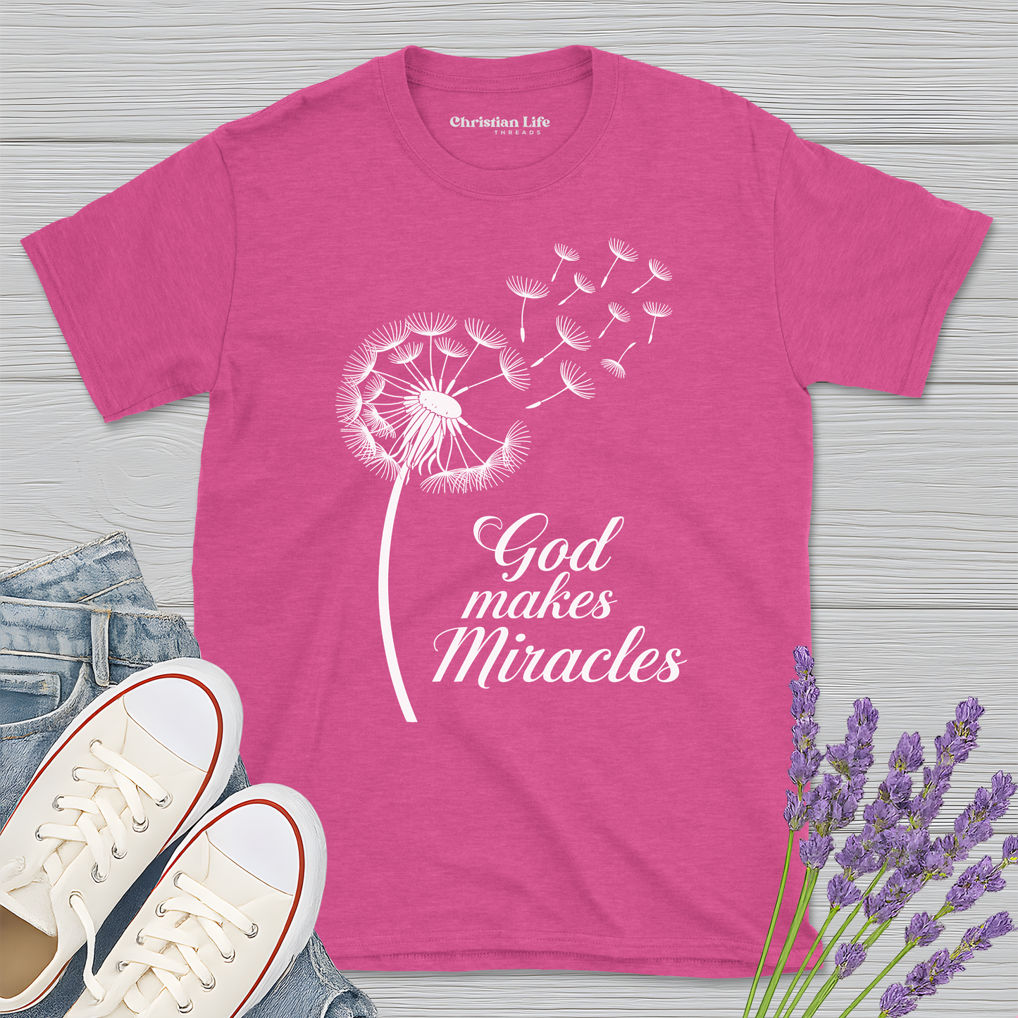 God Makes Miracles Dandelion Heather Tee