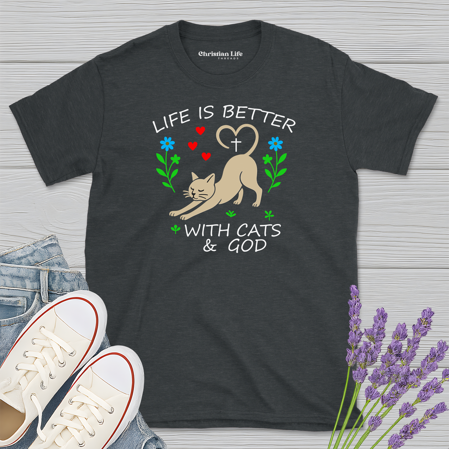 Life Is Better With Cats & God Heather Tee