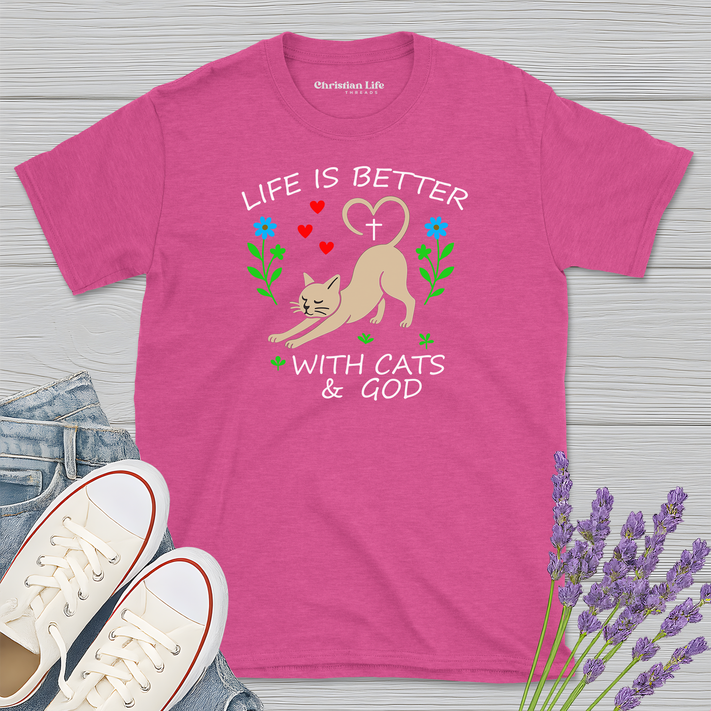 Life Is Better With Cats & God Heather Tee