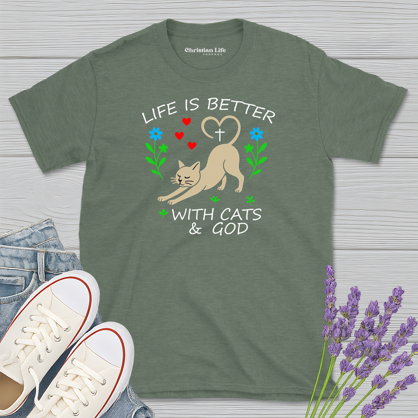 Life Is Better With Cats & God Heather Tee