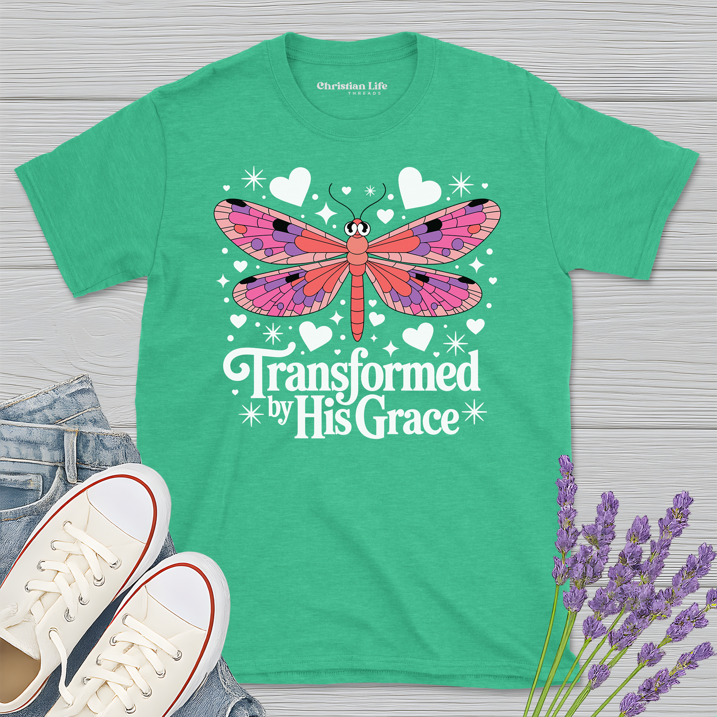 Transformed By His Grace Dragonfly Heather Tee