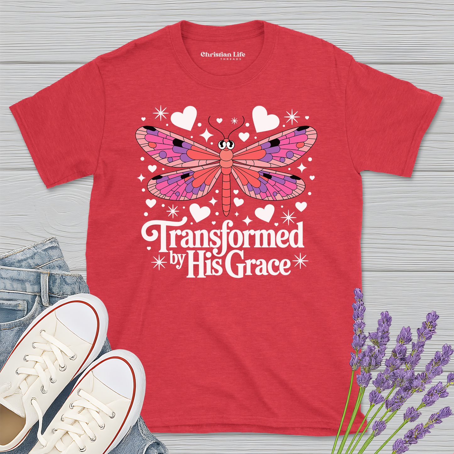 Transformed By His Grace Dragonfly Heather Tee