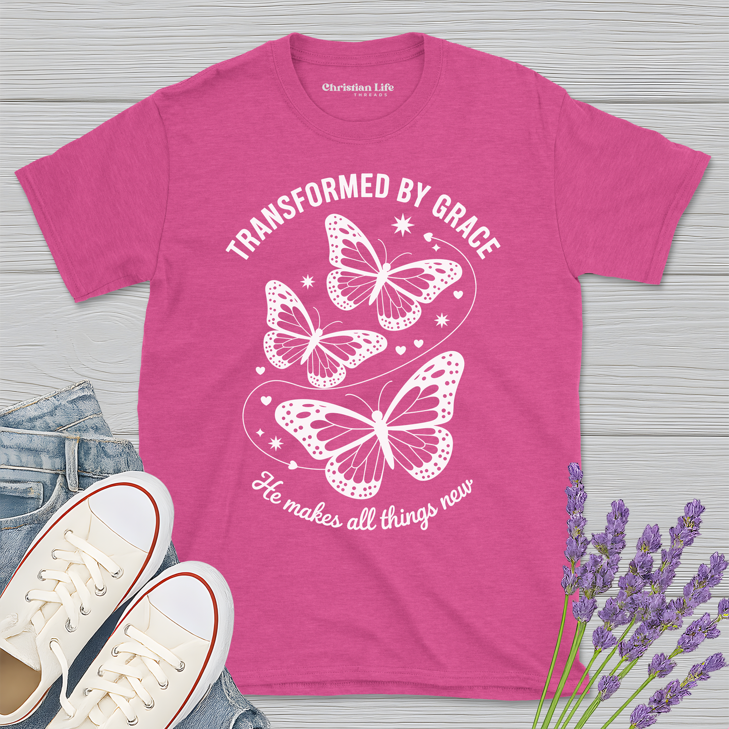 Transformed By Grace Butterfly Heather Tee