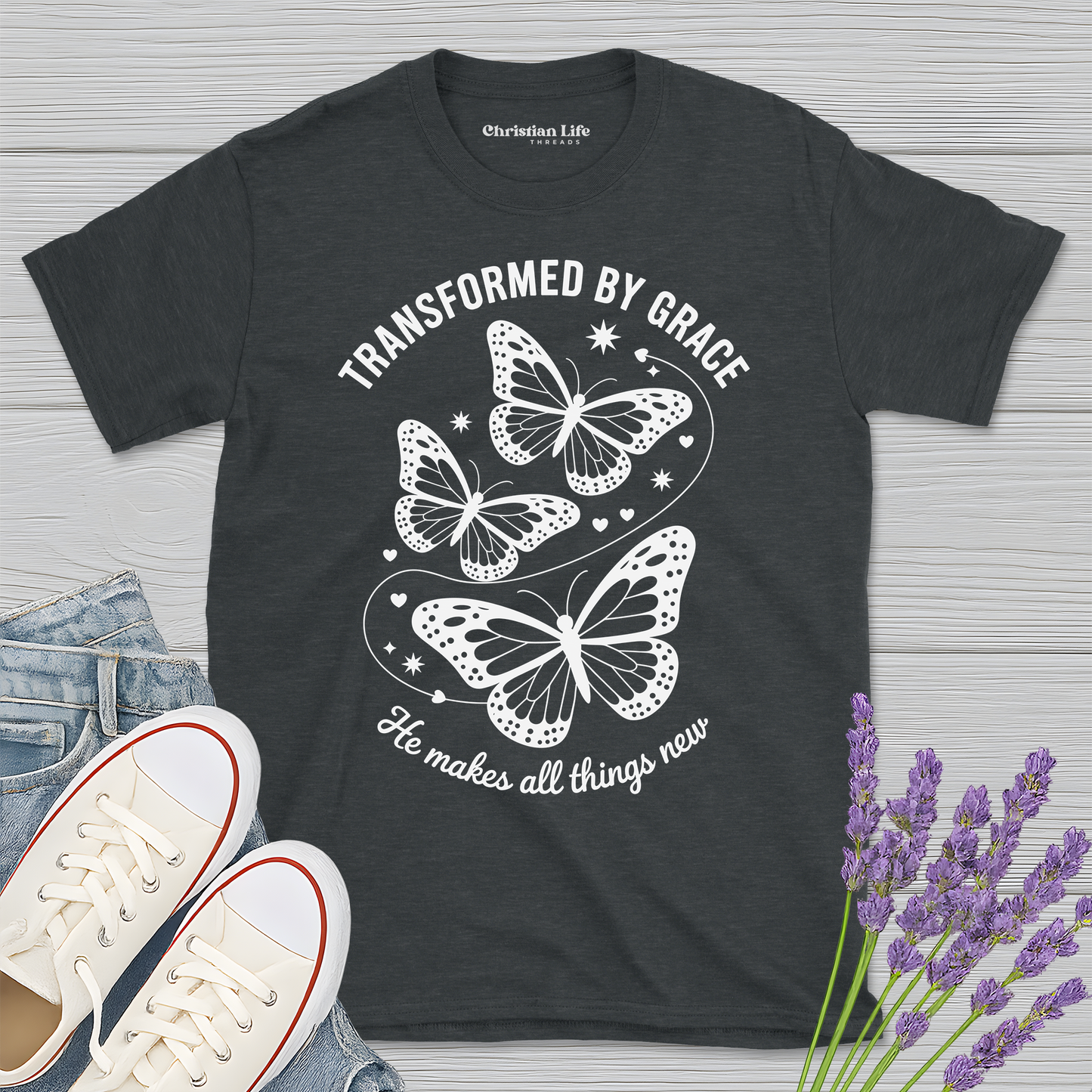 Transformed By Grace Butterfly Heather Tee