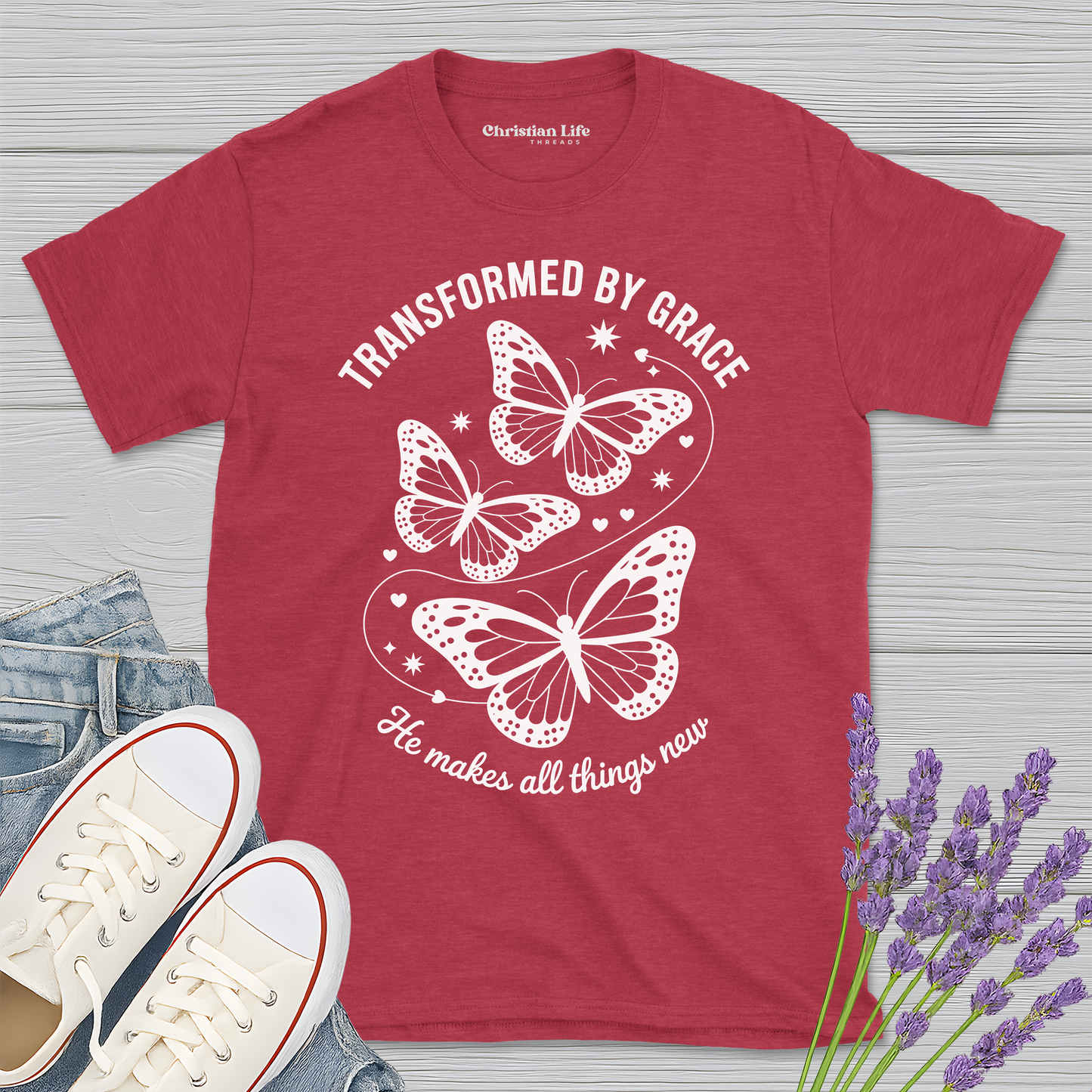 Transformed By Grace Butterfly Heather Tee