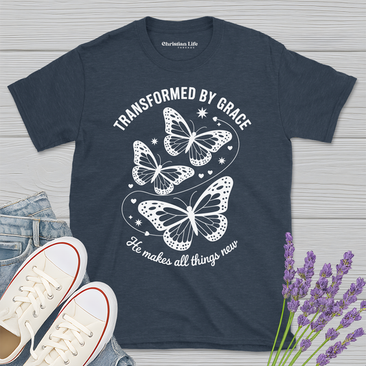 Transformed By Grace Butterfly Heather Tee